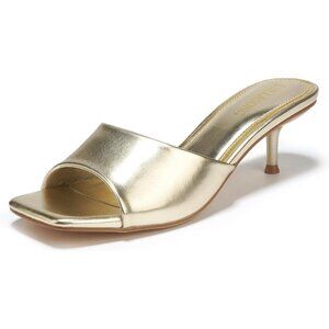 Lullasong Kitten Heels Gold Faux Leather Women's Sandals Slides Square Open Toe
